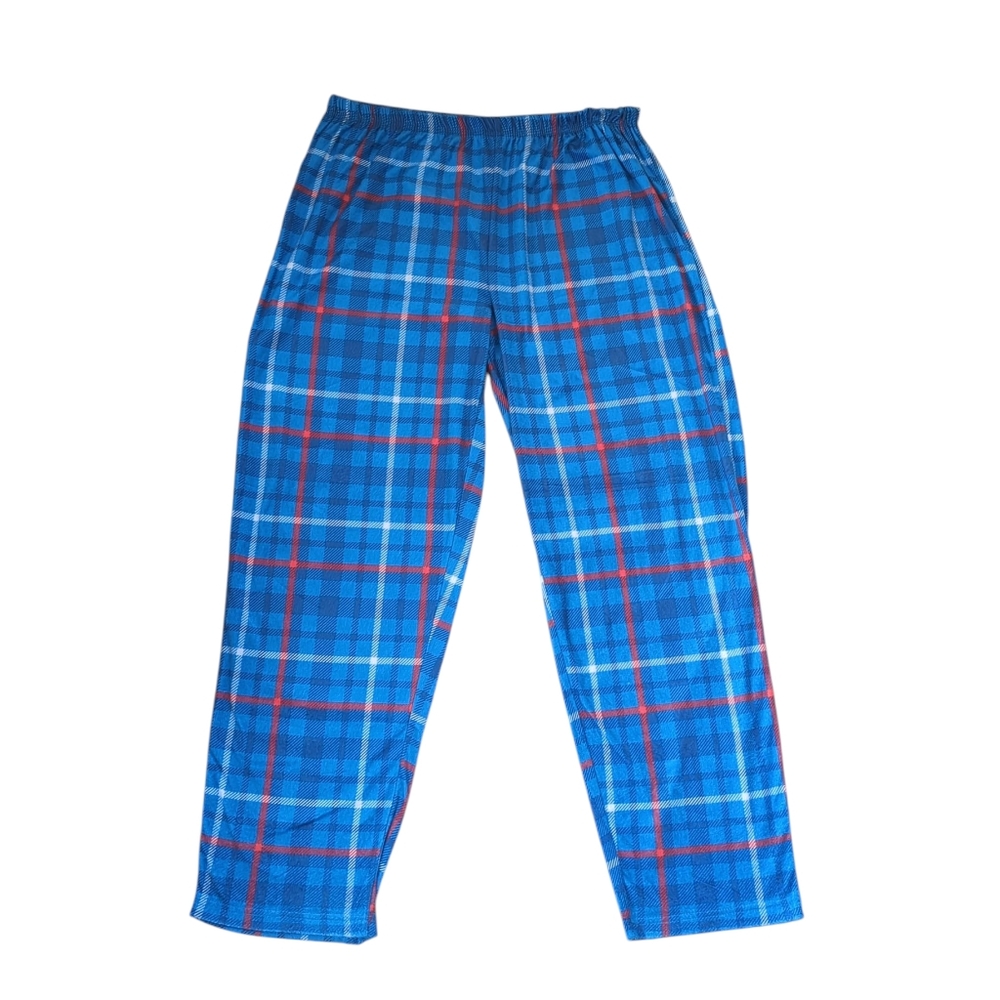 Cozy Fleece Plaid Pull On Pajama Bottom Pants 2XL Blue Red White Stretchy Waist
